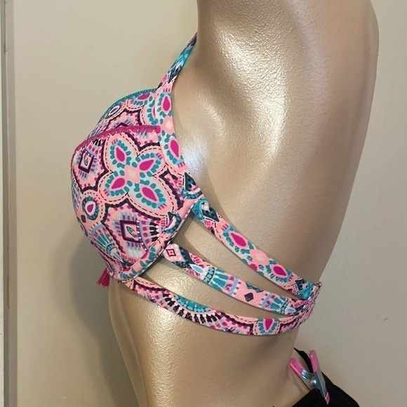 Shade & Shore womens 34D medium bikini bathing suit swim top push up pink tassel - Picture 4 of 7
